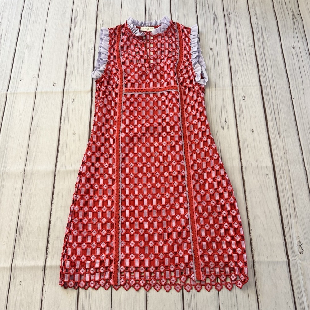 Sandro Paris Textured Lace Split Neck Dress Size 36‎ Small Women's Red - Picture 2 of 14